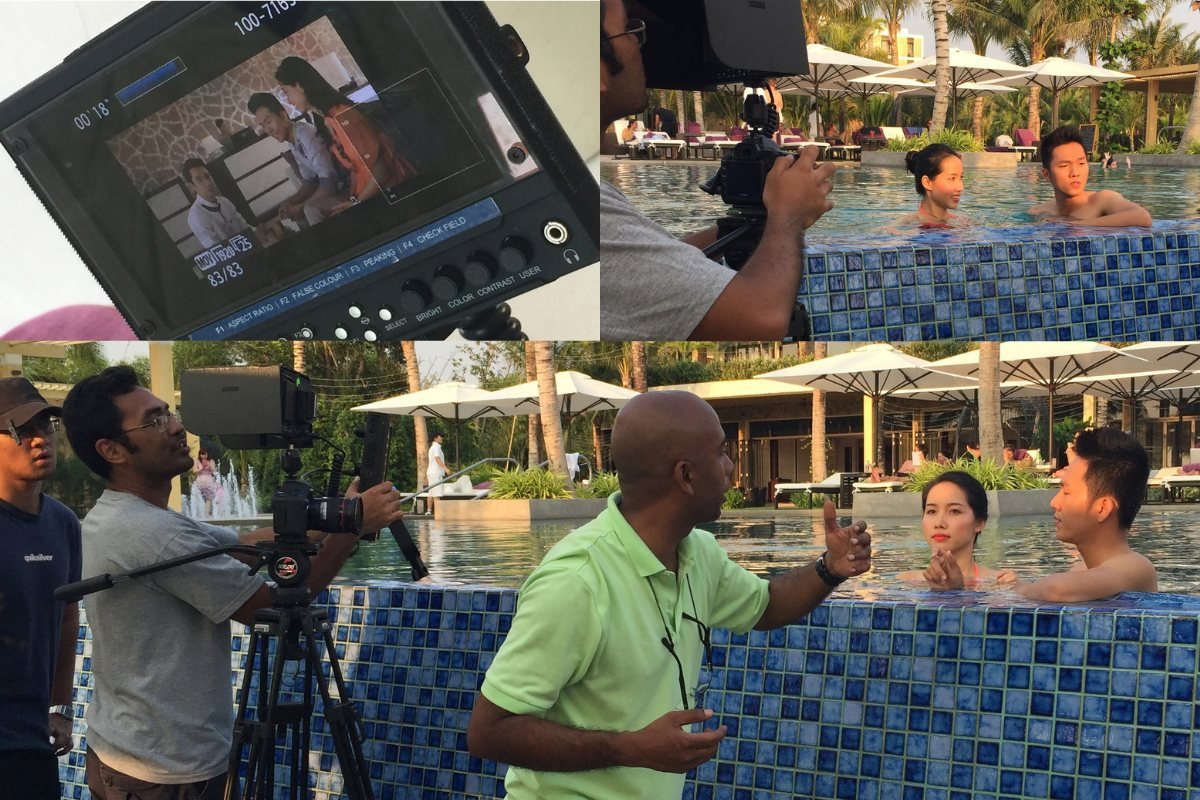 On a resort shoot in Phu Quoc in 2015, in the pool, with the crew and the monitor working around me