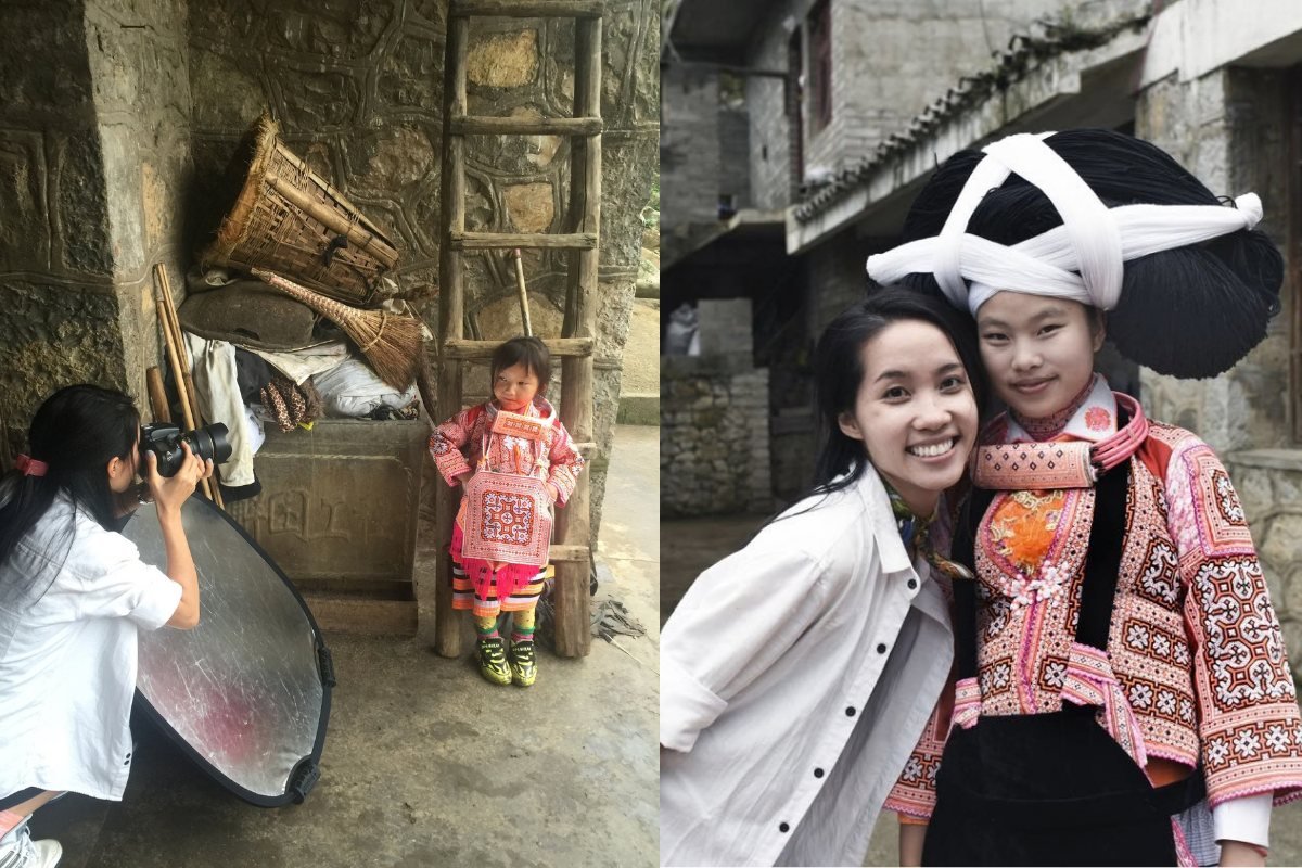 Photographing a child outside her home in a Miao village in China, and standing with one of the young women who lived there