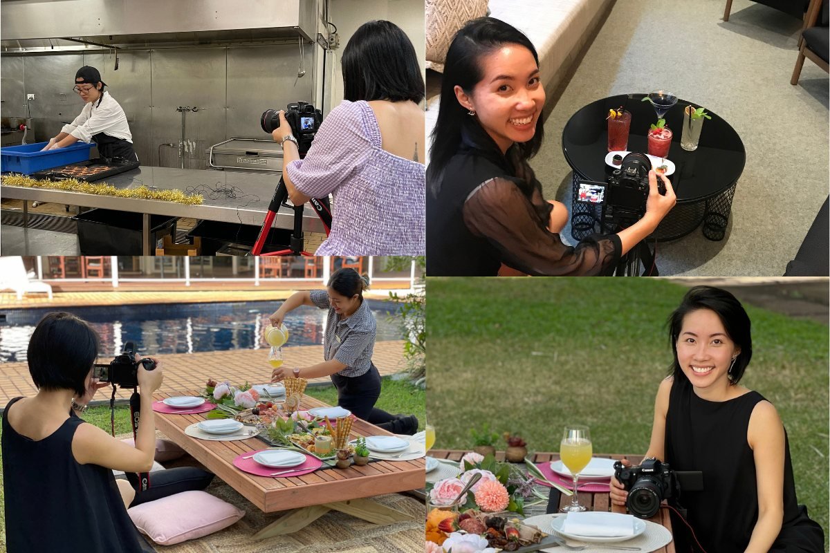 Shooting in a commercial kitchen, filming cocktails at a bar, and photographing a styled picnic beside a pool