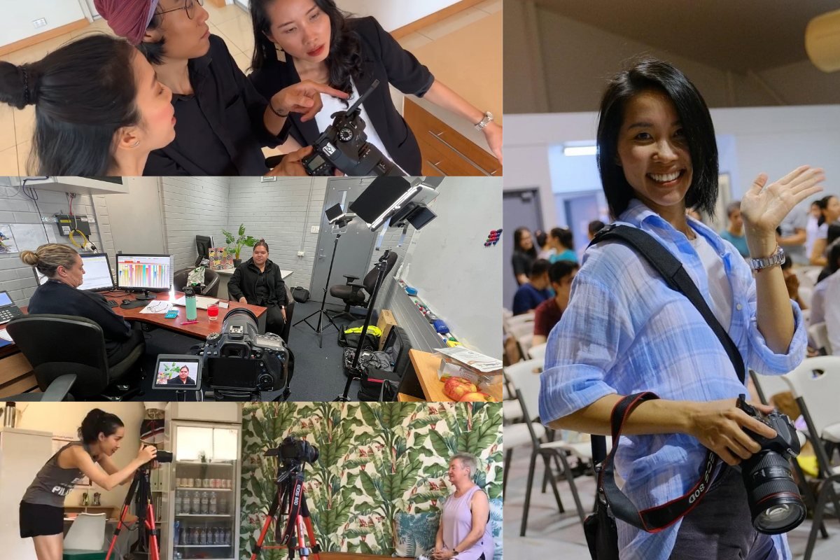 Directing on set, a room lit for an interview, a product shoot, and carrying a camera at an event