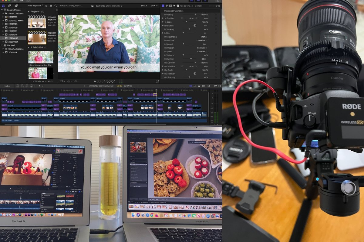 An edit timeline, two laptops cutting food content, and a Canon rigged with a wireless mic
