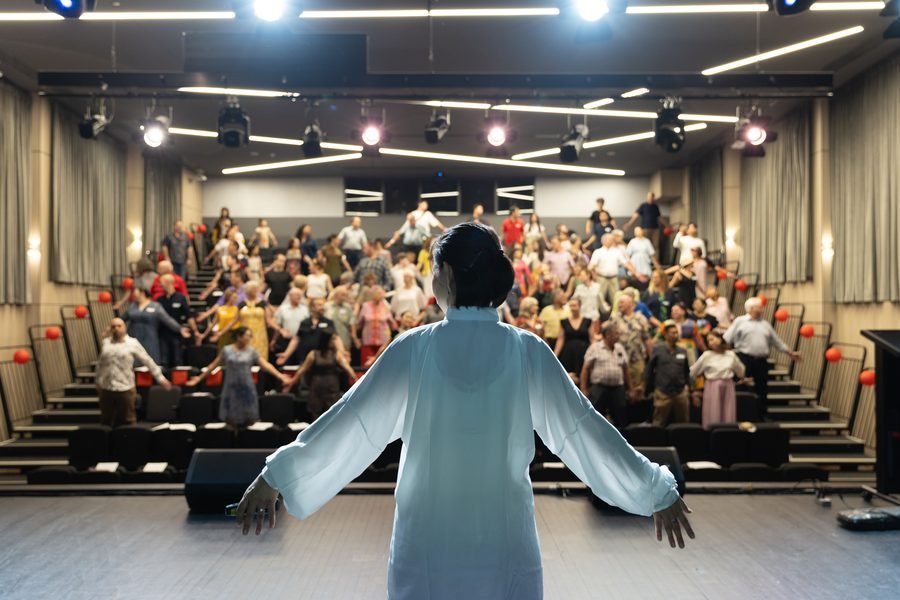Performer taking applause from a full theatre