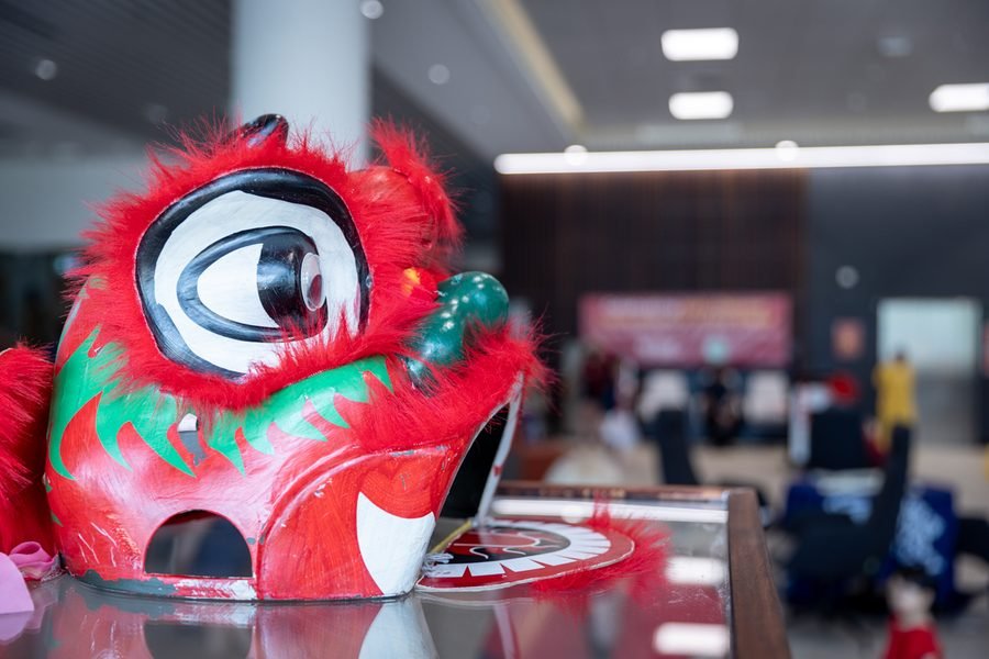 Lion dance head waiting at the front of the gallery