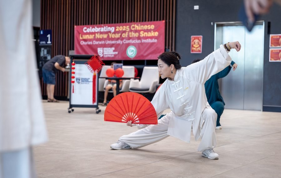 Tai chi demonstration mid form in front of the New Year banner